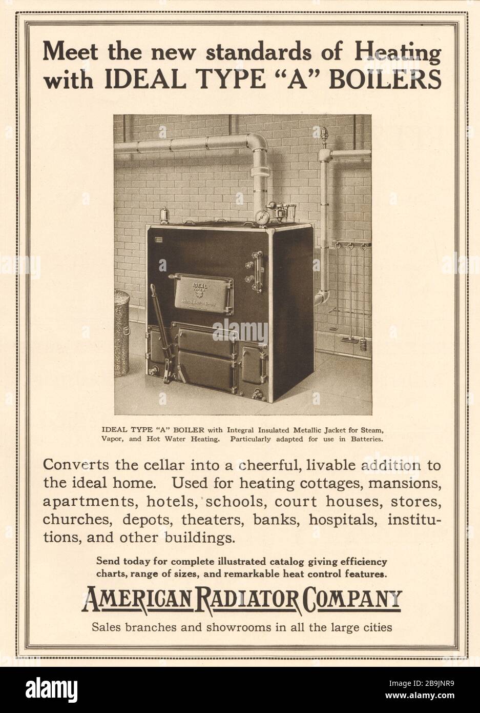 Meet the new standards of heating with ideal type ''A'' boilers. American Radiator Company (1919) Stock Photo