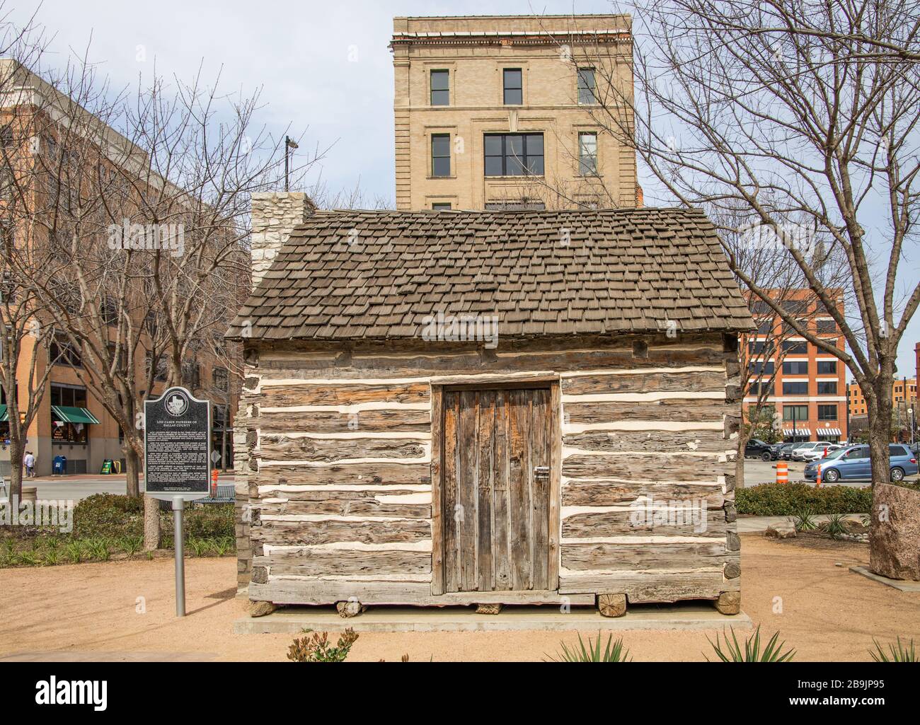 a restored cedar cabin on founders plaza dallas texas Stock Photo Alamy