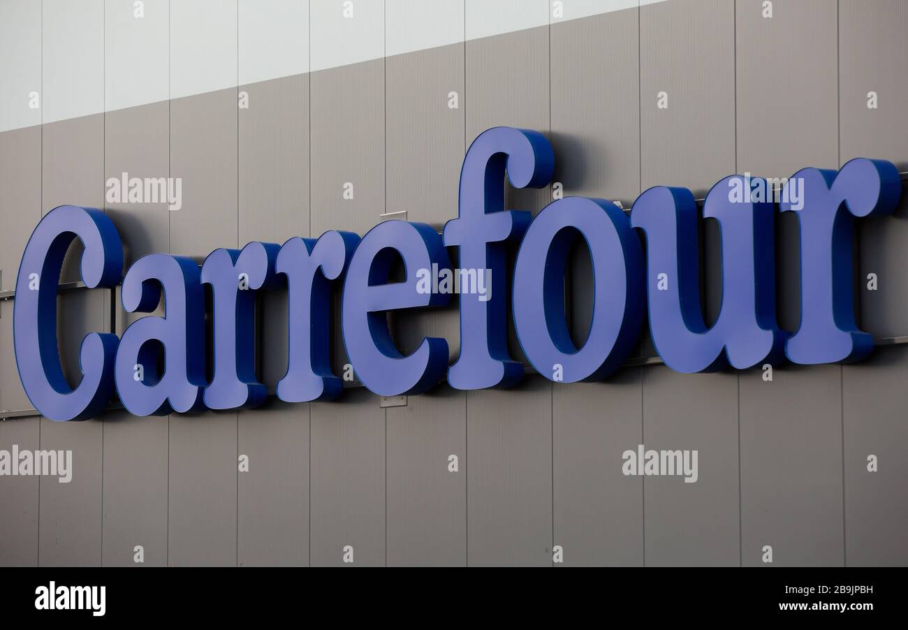 French multinational corporation specialized in retail, Carrefour logo seen in Zgorzelec. Stock Photo