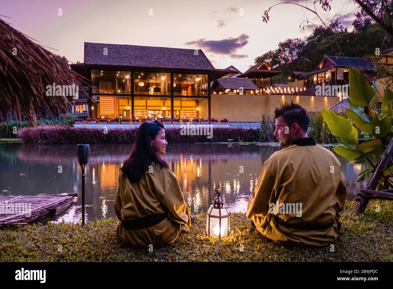 Chiang Mai Thailand November 2018, t japanese onsen bath in Thailand walking outside during sunset Stock Photo