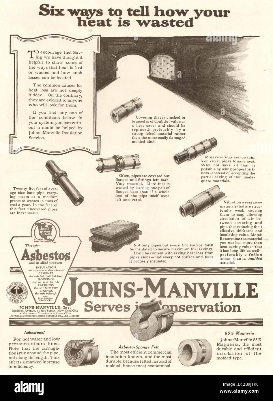 Six ways to tell how your heat is wasted. Johns-Manville, Inc. Madison Avenue, at 41st Street, New York City (1921) Stock Photo