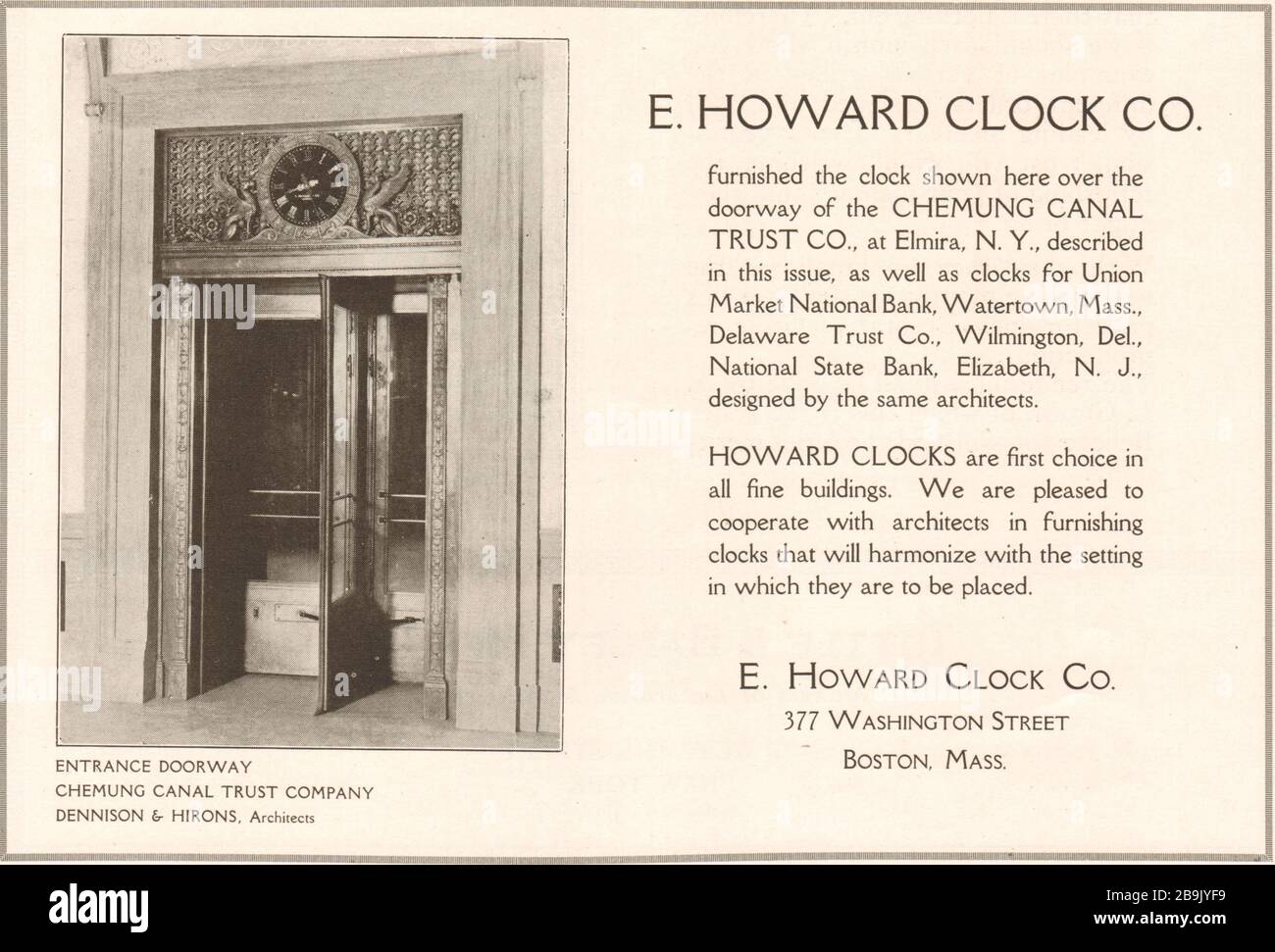 Entrance doorway, Chemung Canal Trust Company. Dennison & Hirons, Architects. E. Howard Clock Co. 377 Washington Street, Boston, Mass. (1922) Stock Photo