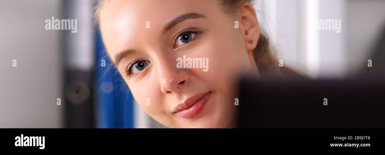 Lady working on computer Stock Photo