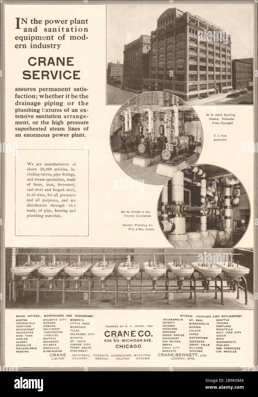 Crane service. M.E. Smith building, Omaha, Nebraska, F.S. Stott, Architect. Crane Co., 836 So. Michigan Ave, Chicago (1922) Stock Photo