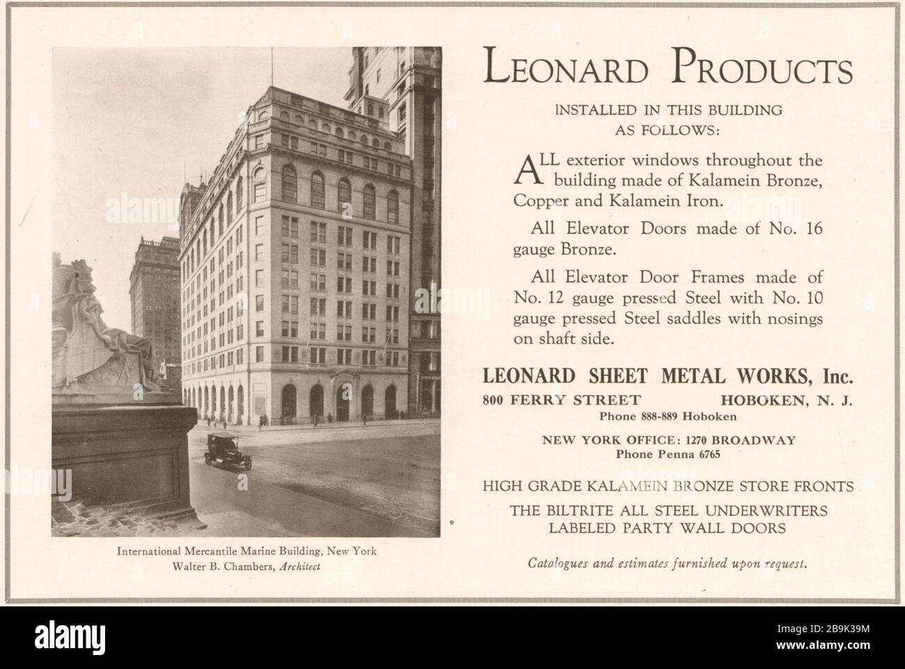 International Mercantile Marine building, New York. Walter B. Chambers, Architect. Leonard Sheet Metal Works, 800 Ferry Street, Hoboken, NJ (1922) Stock Photo