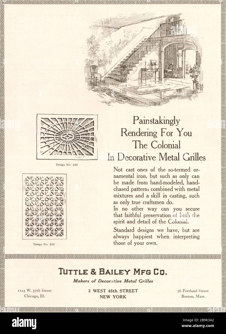 Painstakingly rendering for you, the colonail in decorative metal grilles. Tuttle & Bailey Manufacturing Co., 2 West 45th Street, New York (1922) Stock Photo