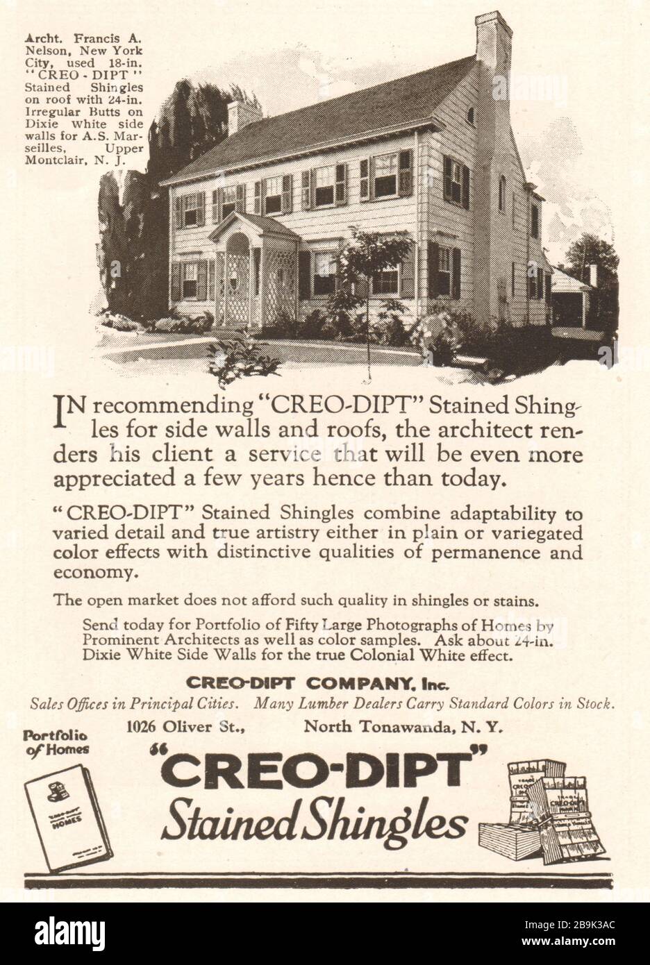 Creo-dipt'' stained shingles. Creo-dipr Company, Inc., 1026 Oliver St., North Tomawanda, New York  (1922) Stock Photo
