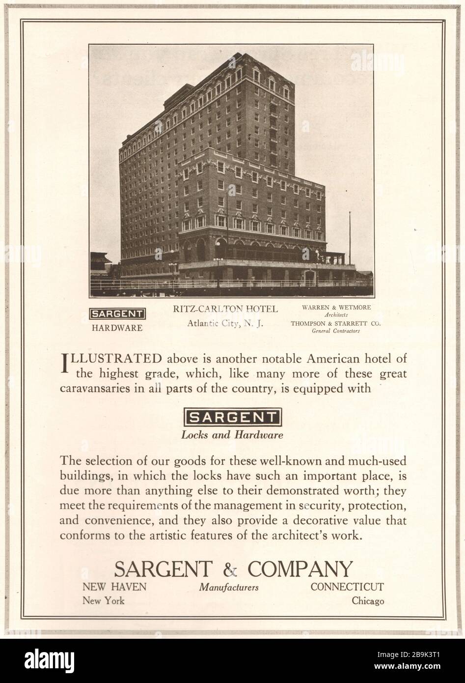 Ritz-Carlton Hotel, Atlantic City, New Jersey. Warren & Wetmore, Architects. Thompson & Starrett, Contractors. Sargent & Co., Locks & hardware (1922) Stock Photo