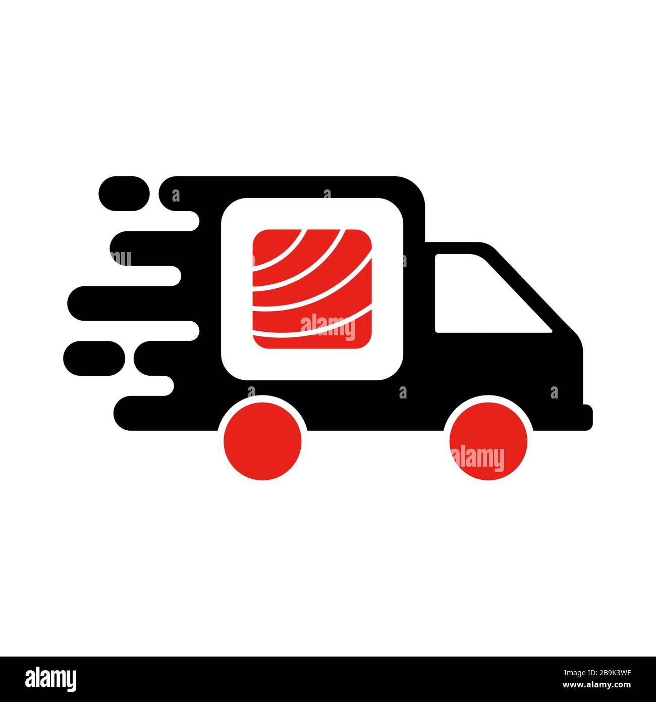 Sushi delivery logo template. Vector illustration Sushi roll sign by car, symbolizes the fast delivery. EPS 10. Stock Vector