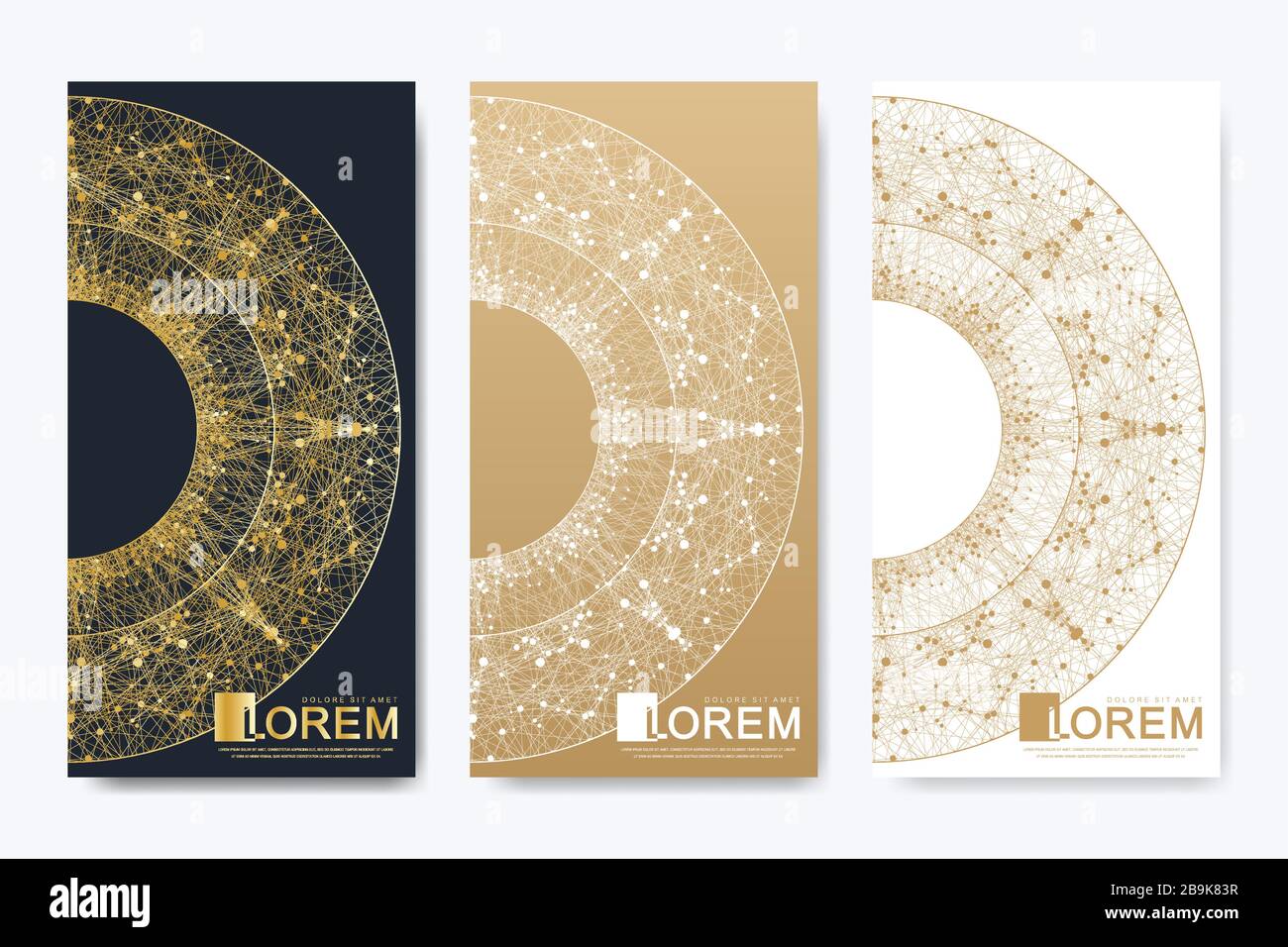 Modern set of vector flyers. Geometric abstract presentation with golden mandala. Molecule and communication background for medicine, science Stock Vector