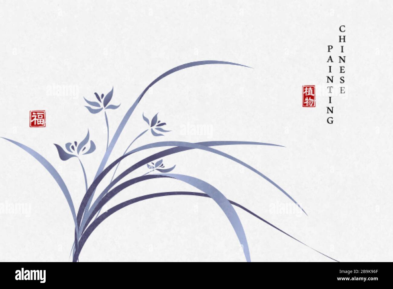 Chinese ink painting art background plant elegant flower blue orchid