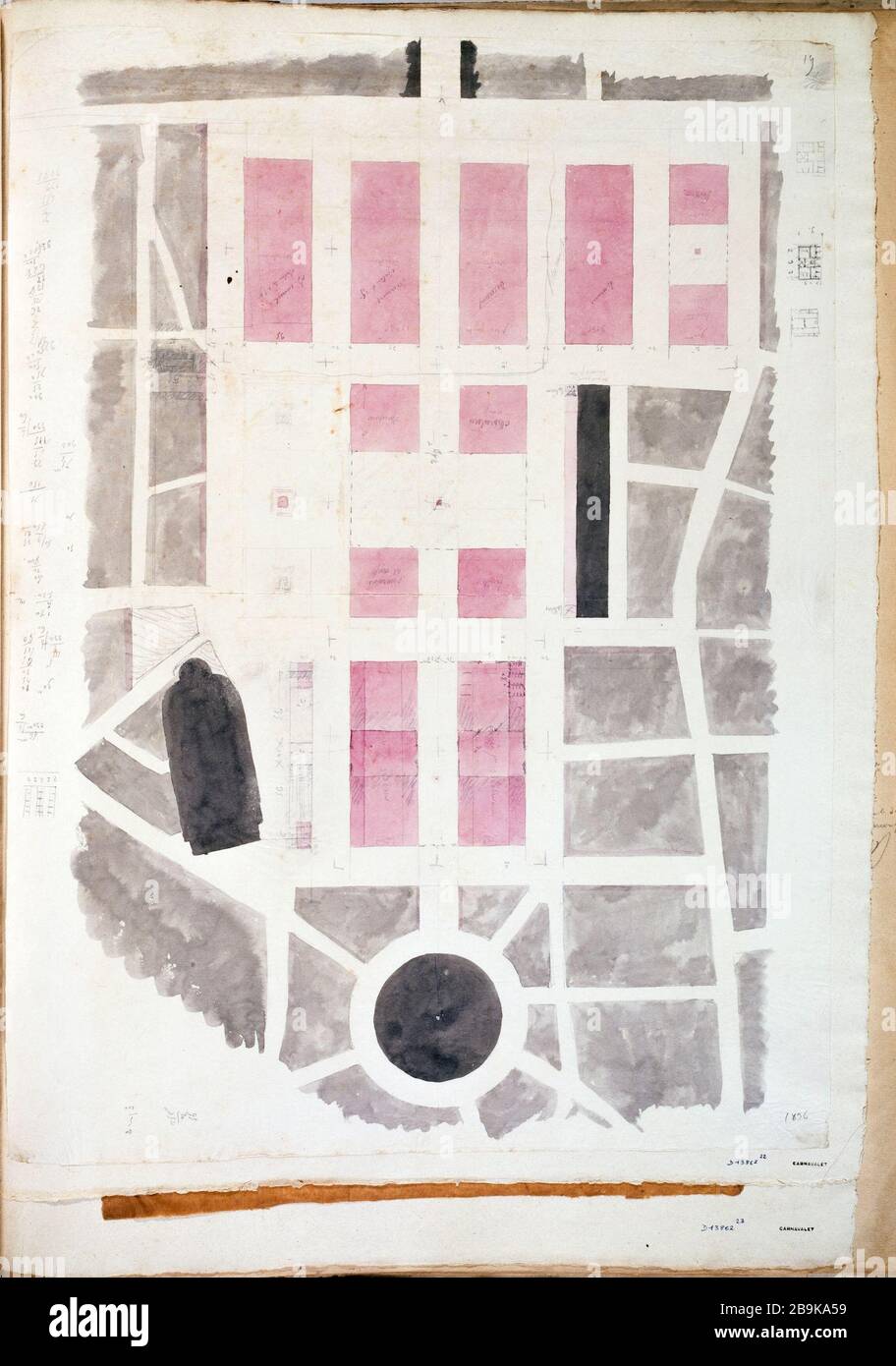 Map of the Market Hall with the nearby streets Charles Rohault de Fleury (1801-1875). Plan des Halles centrales avec les rues avoisinantes. Crayon, lavis gris et rose, vers 1836. Paris, musée Carnavalet. Stock Photo