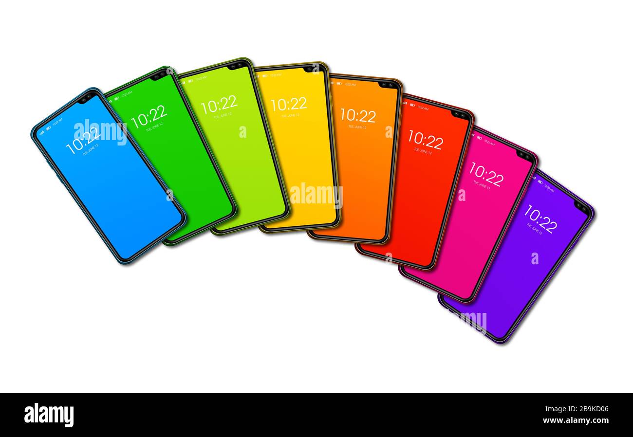 Rainbow colorful smartphone set isolated on white Background. 3D render Stock Photo