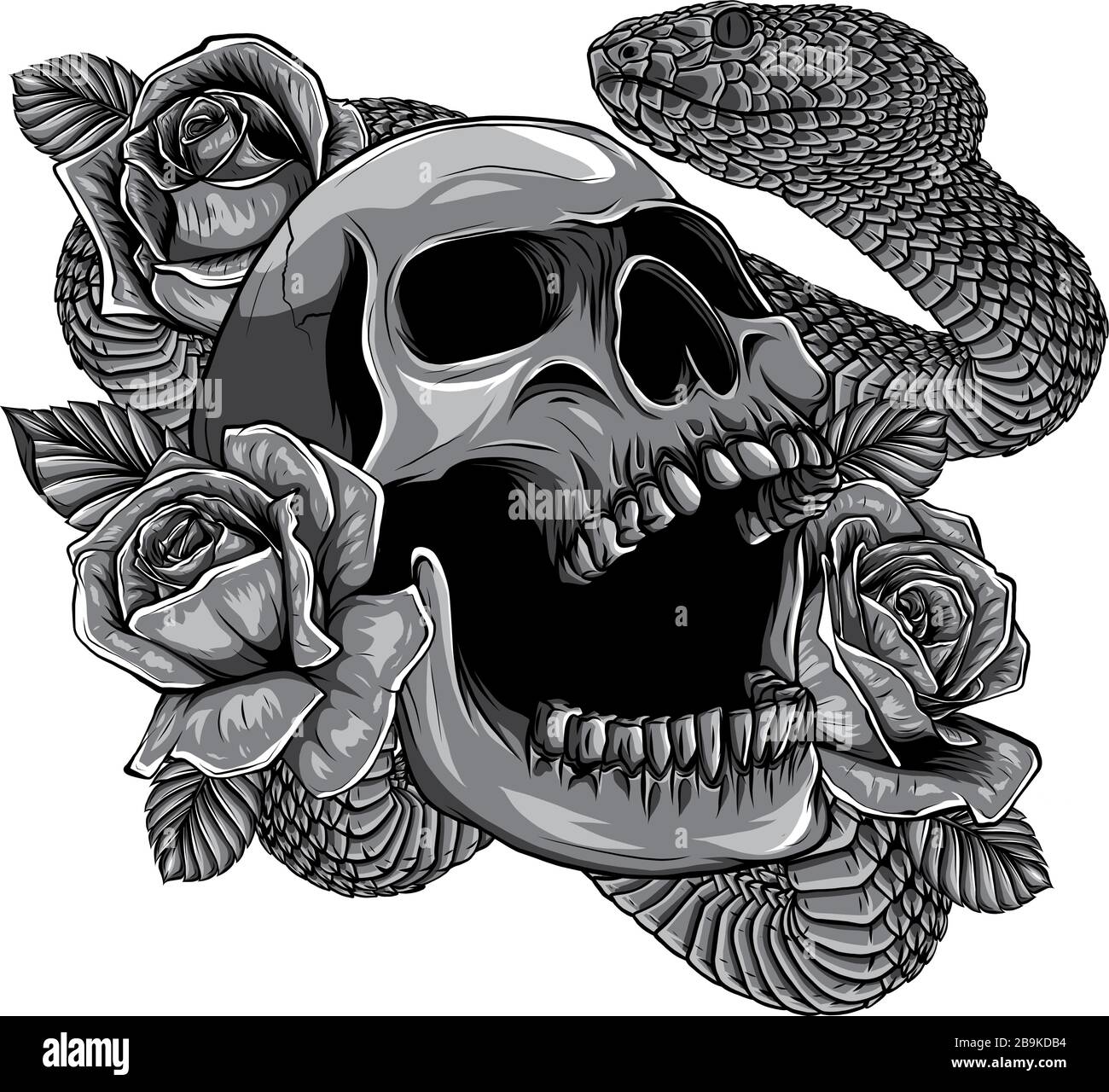 Monochromatic Skull with snake and five roses tattoo vector Stock Vector
