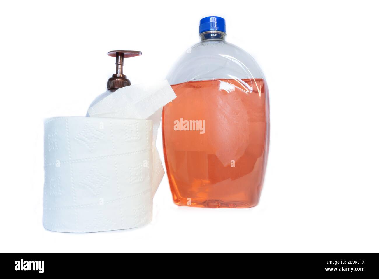 Toilet paper, hand soap bottle with pump and large refill container of ...