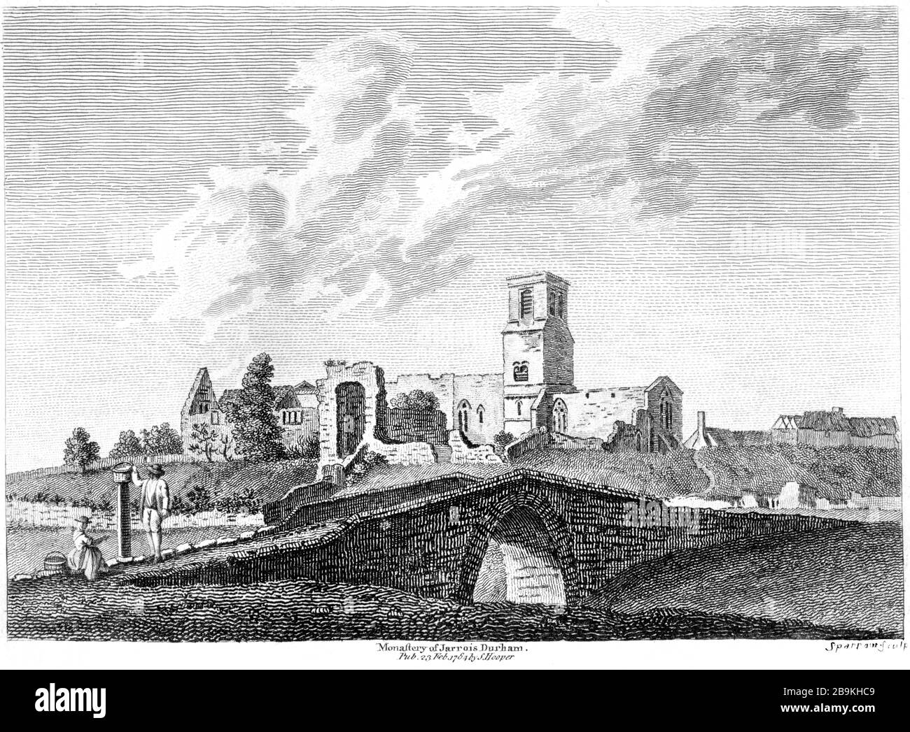 An engraving of Monastery of Jarrois (Jarrow) Durham 1784 scanned at high resolution from a book published around 1786. Believed copyright free. Stock Photo