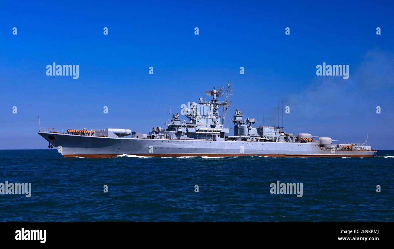 Battle ship in the ocean waters Stock Photo