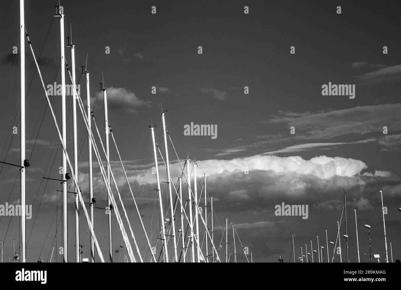 Masts of yachts moored in yacht haven Marina Gdynia on Gdansk Bay in Baltic Sea, Gdynia Poland - monochrome image Stock Photo
