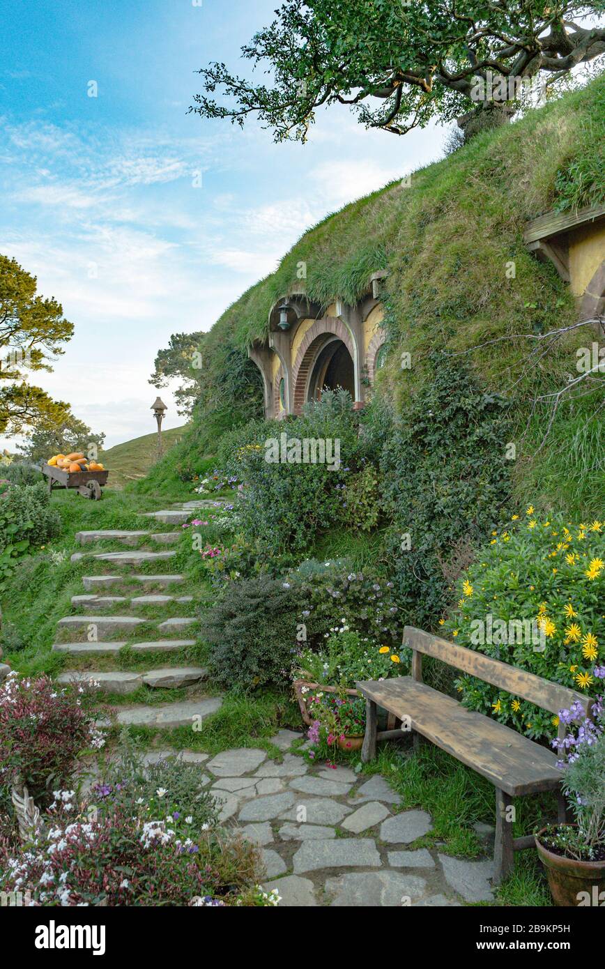 Steps leading to the door of Bag End at the Hobbiton Movie Set, New Zealand Stock Photo