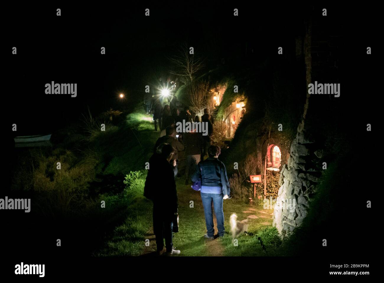Lantern walk through the Hobbiton Movie Set, New Zealand at night Stock Photo