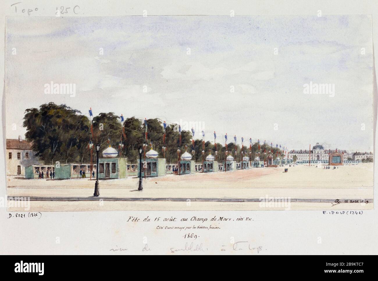 Decoration of the east side of the Champ de Mars on the feast of August 15, 1869 Léon Leymonnerye (1803-1879). Décoration du côté est du Champ-de-Mars lors de la fête du 15 août 1869. Aquarelle, 16 août 1869. Paris, musée Carnavalet. Stock Photo