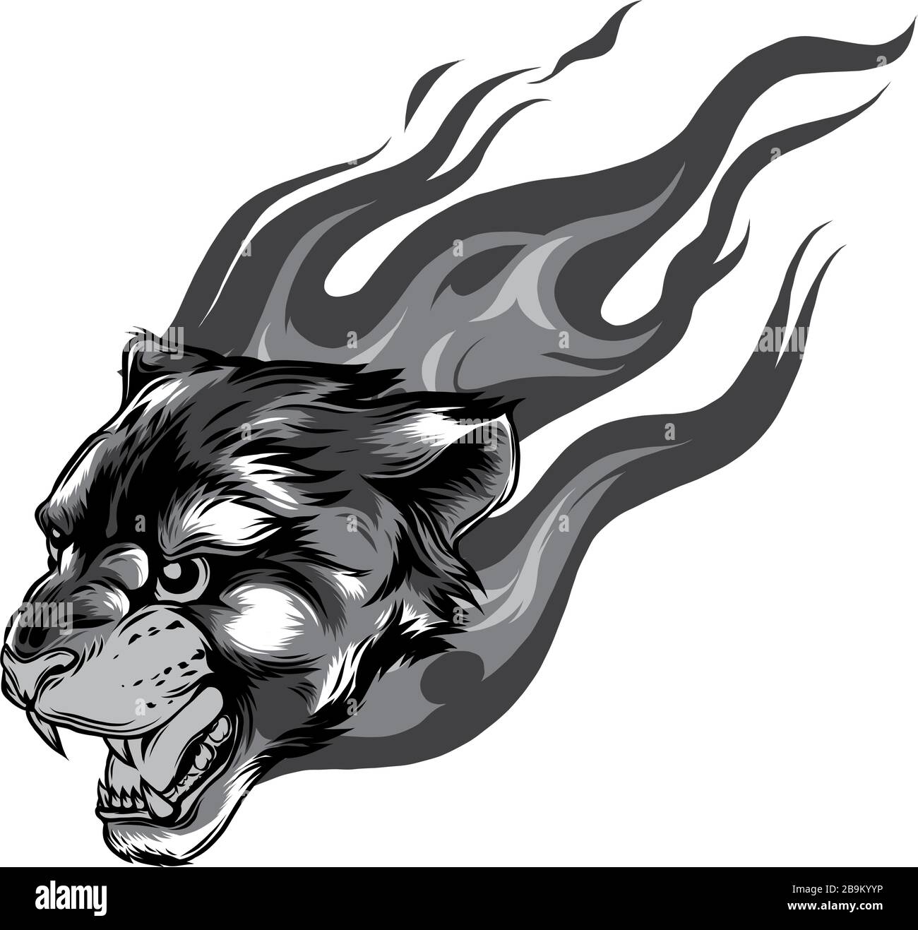 Jaguar head with Flame Tattoo vector monochromatic illustration Stock Vector