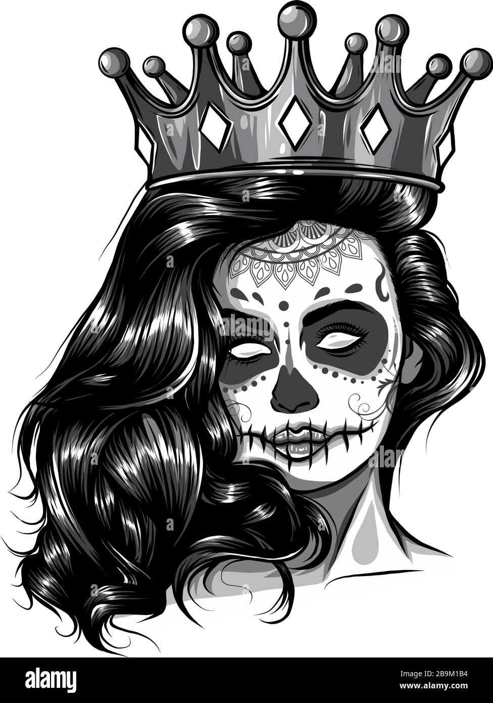 monochromatic Skull girl with a crown. Vector illustration design Stock Vector