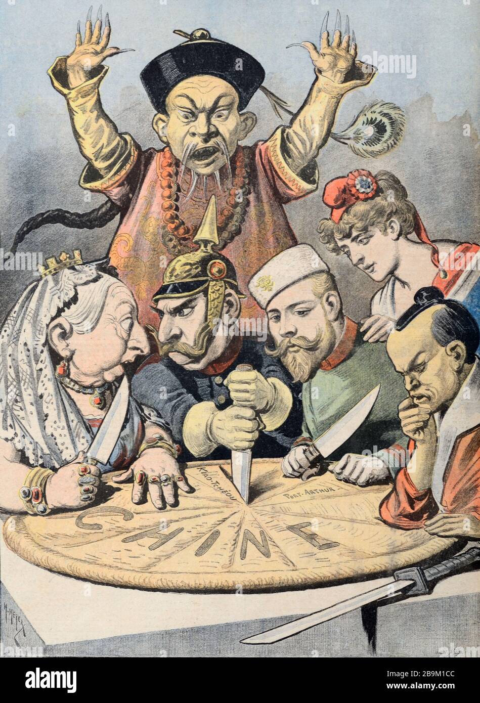 Vintage Illustration or Caricature of European Powers, Great Britain, Germany, Russia & France, Attempting to Divide up China during The Great Game 1898 Stock Photo