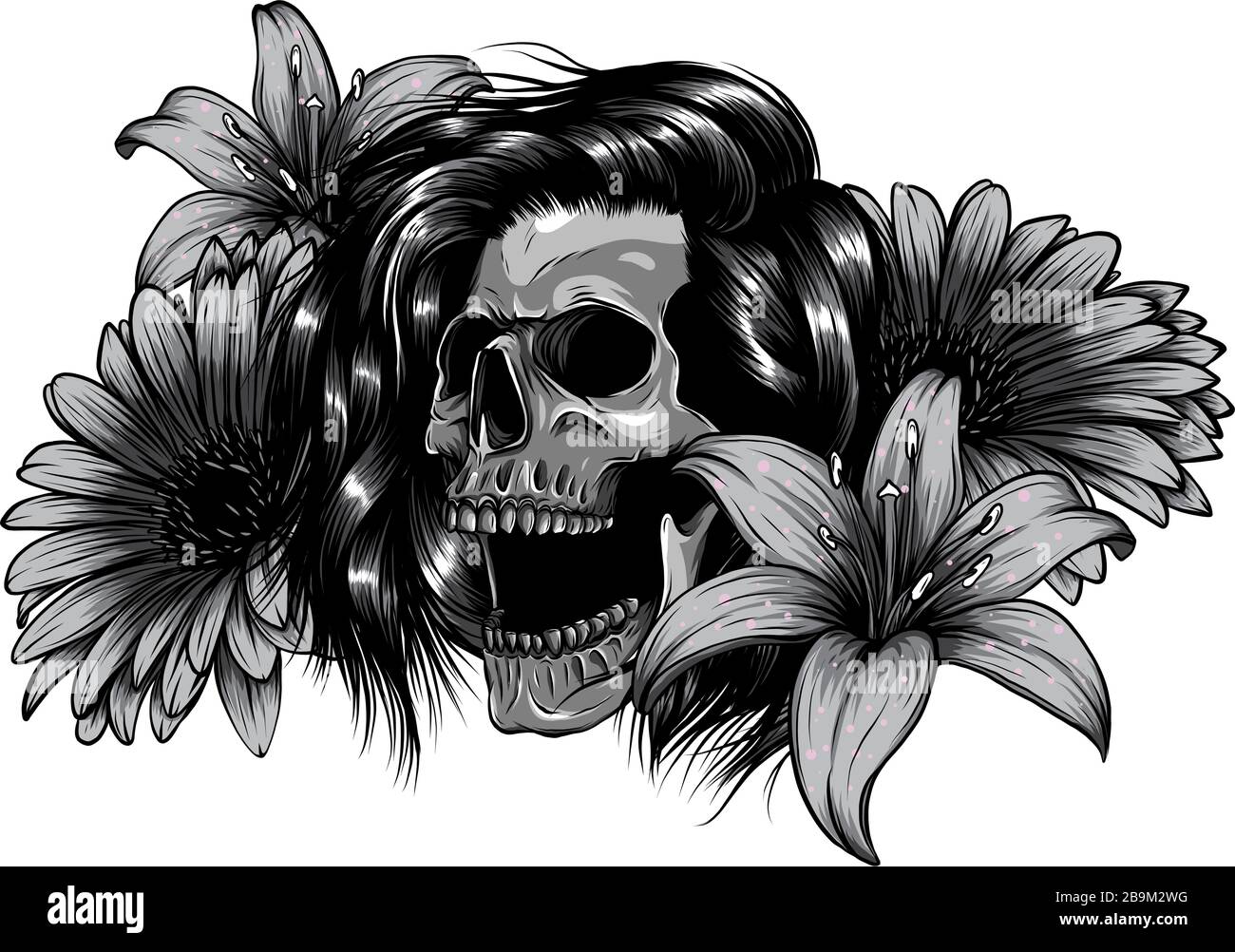 monochromatic A human skulls with roses on white background Stock ...