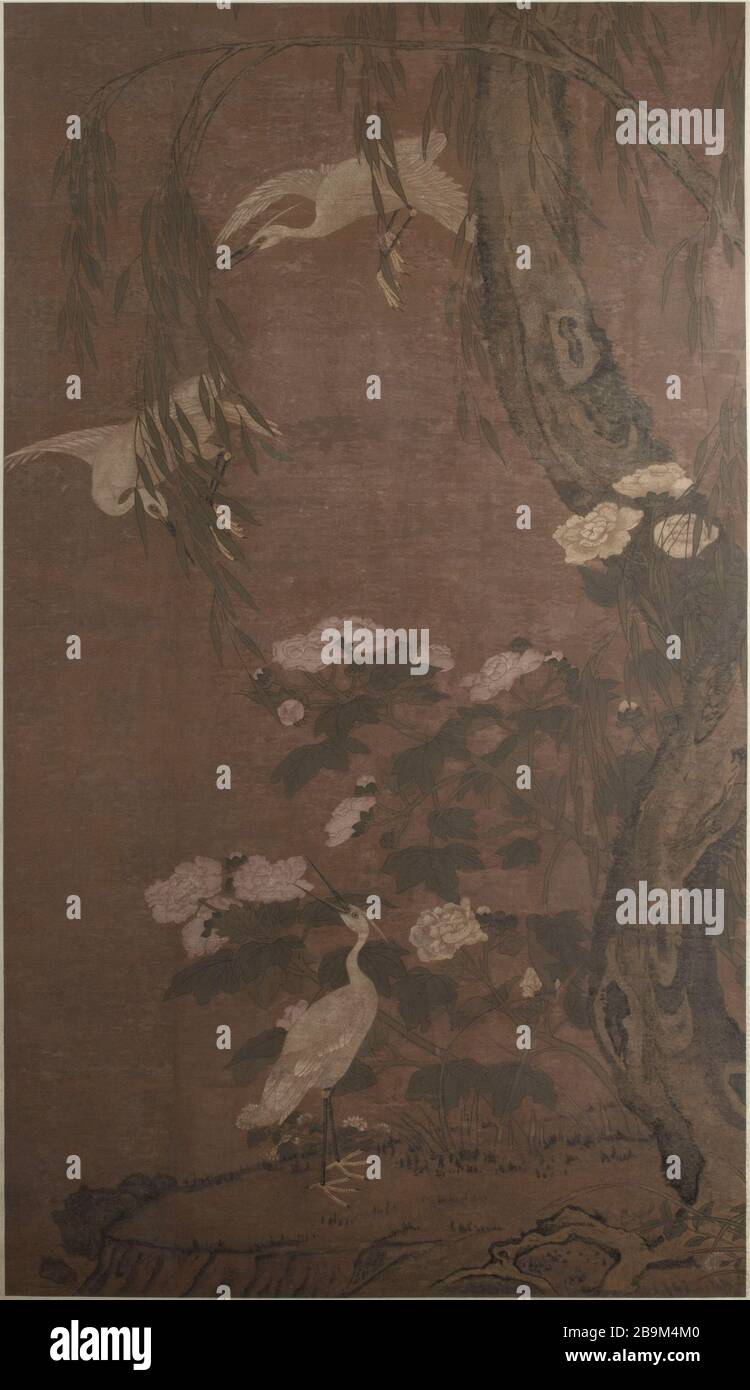 Egrets, willows and peonies Anonyme. 'Aigrettes, saules et pivoines'. Soie, Dynastie des Qing. Paris, musée Cernuschi. Stock Photo