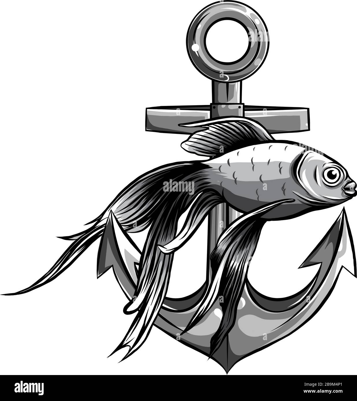 monochromatic Vector - Gold Fish, anchor Aquarium Fish Stock Vector ...