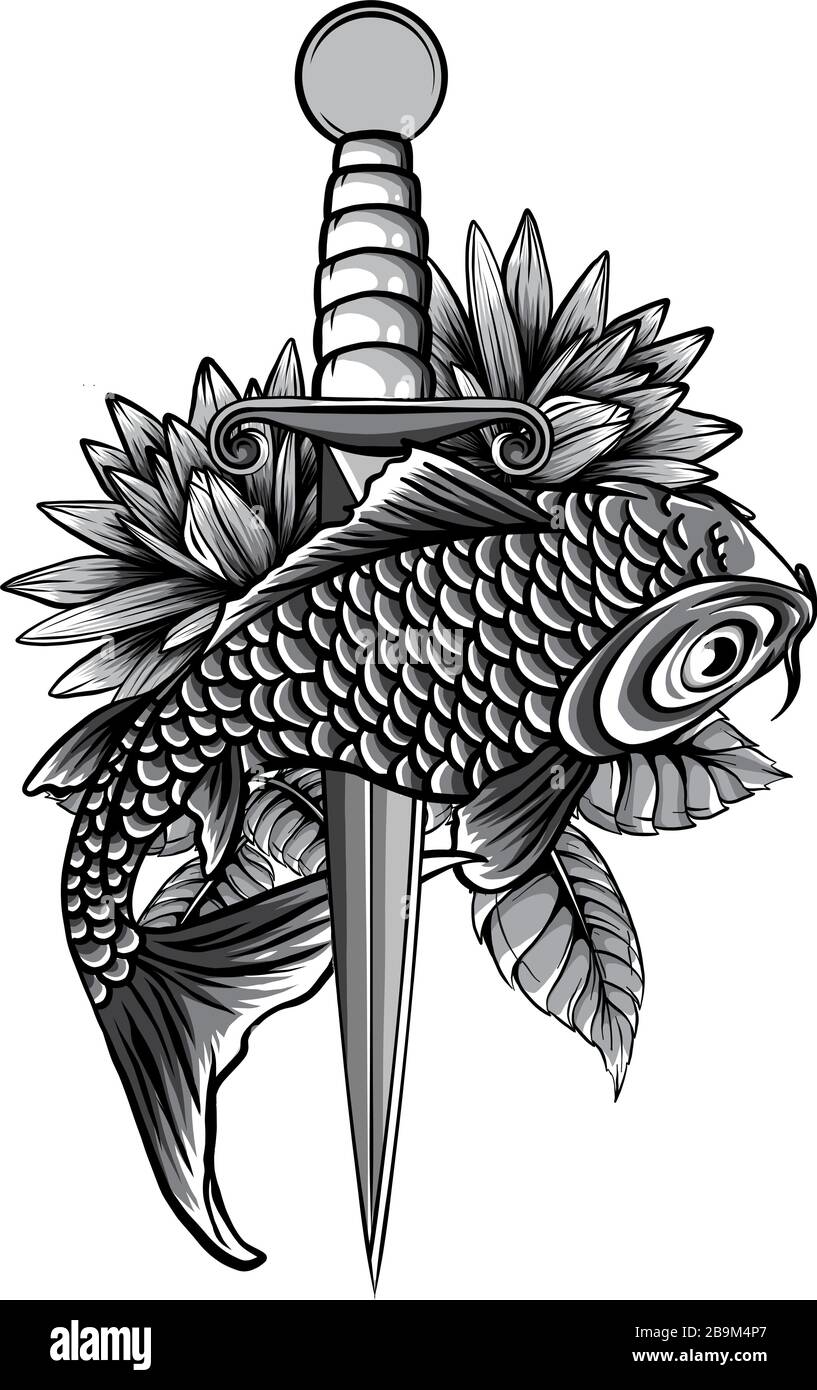 monochromatic drawn chinese fish swimming in the water Stock Vector