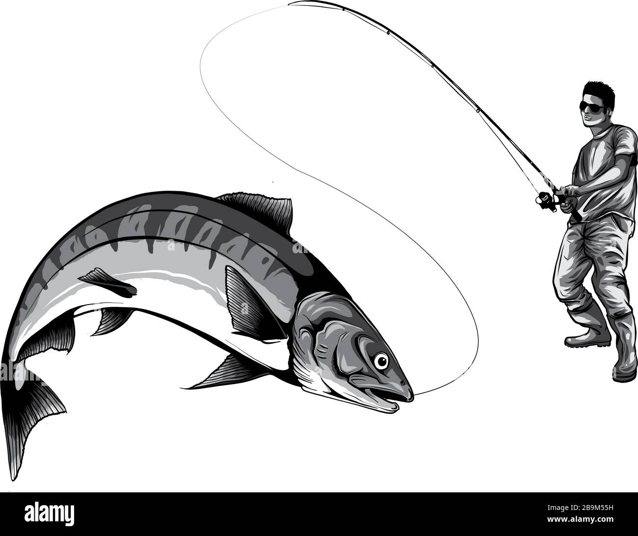monochromatic Fishing design for vector. A fisherman catches a boat on a wave. Stock Vector