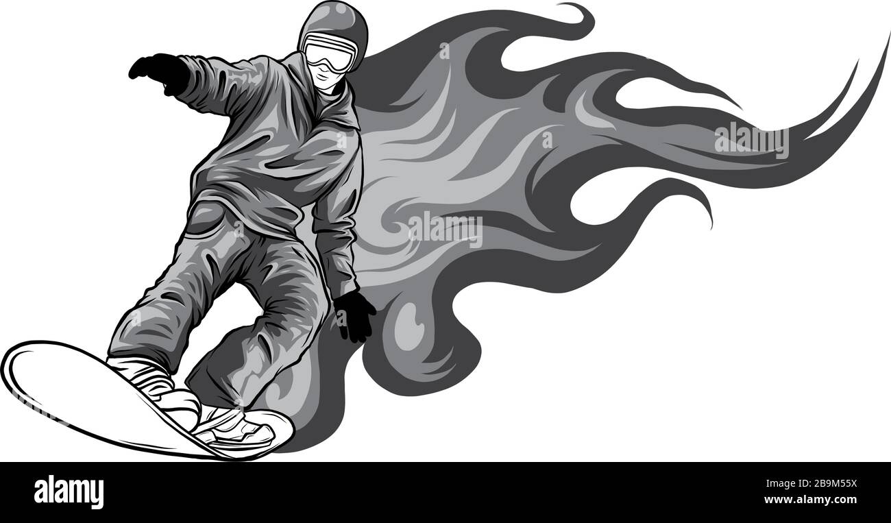 monochromatic Snowboarder crow on fire vector illustration art Stock Vector