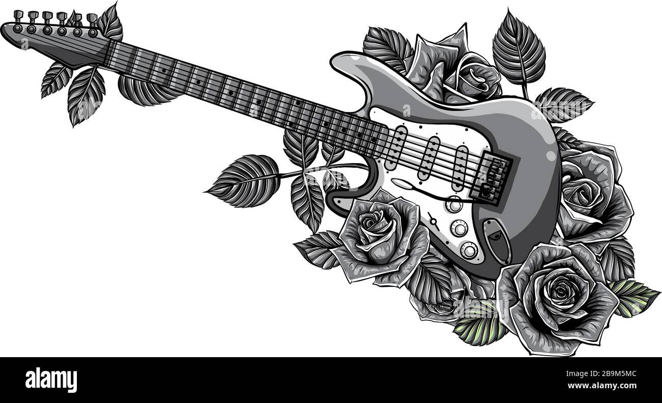 monochromatic illustration Abstract guitar with red rose. Vector Stock Vector