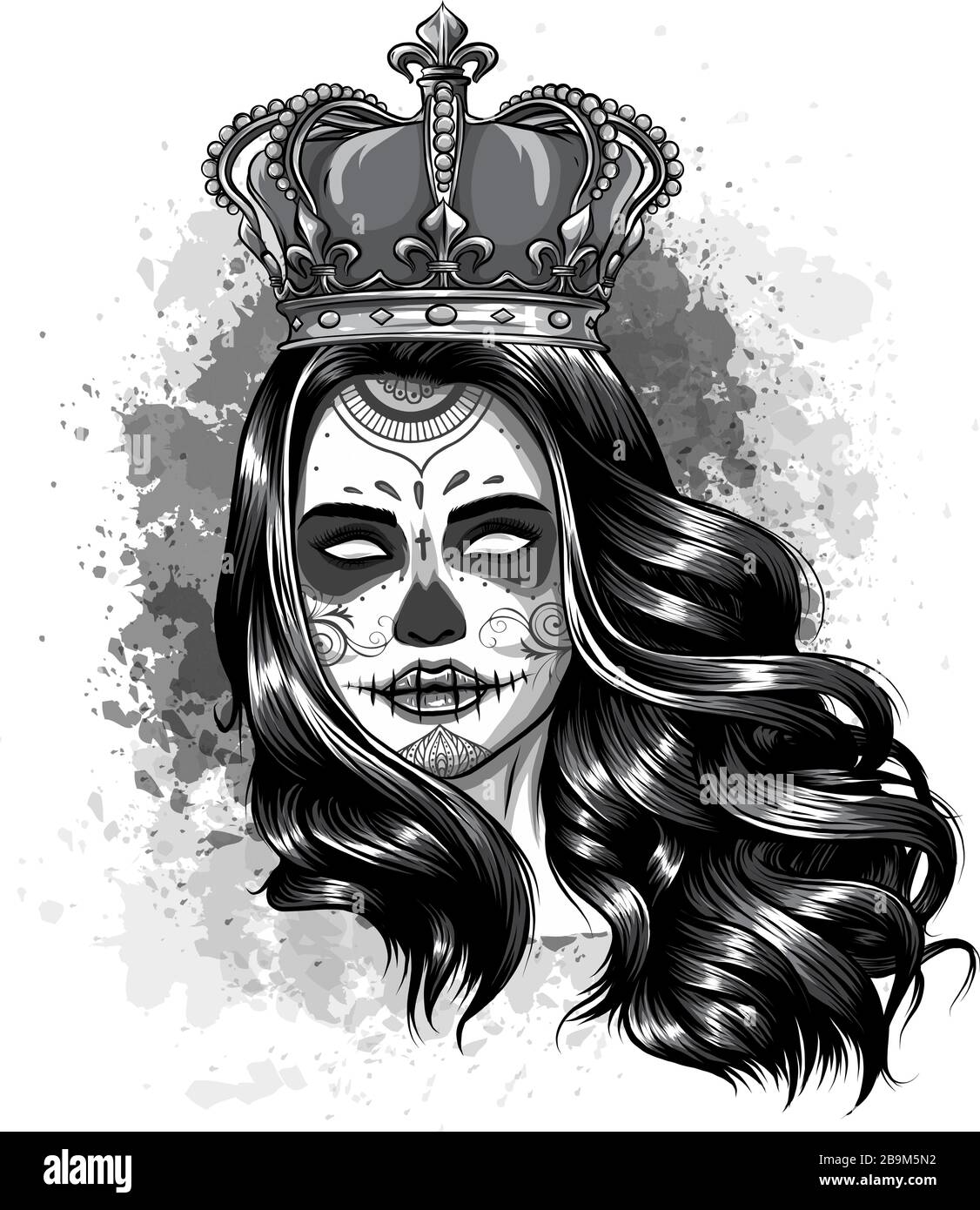 monochromatic Skull girl with a crown. Vector illustration design Stock Vector