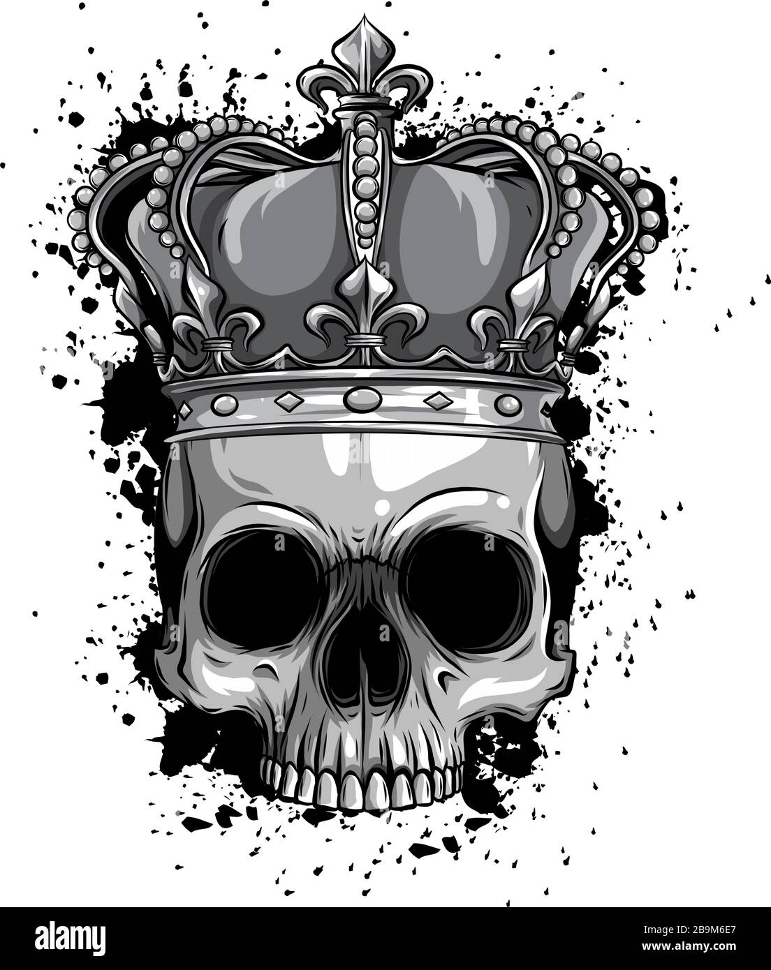 monochromatic Illustration of black and white skull in crown with beard ...