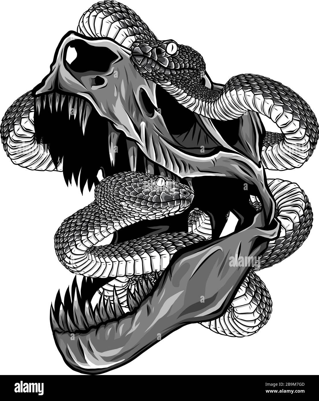 monochromatic Dinosaur Skull. Drawing Of T-Rex Skull with snake Stock Vector