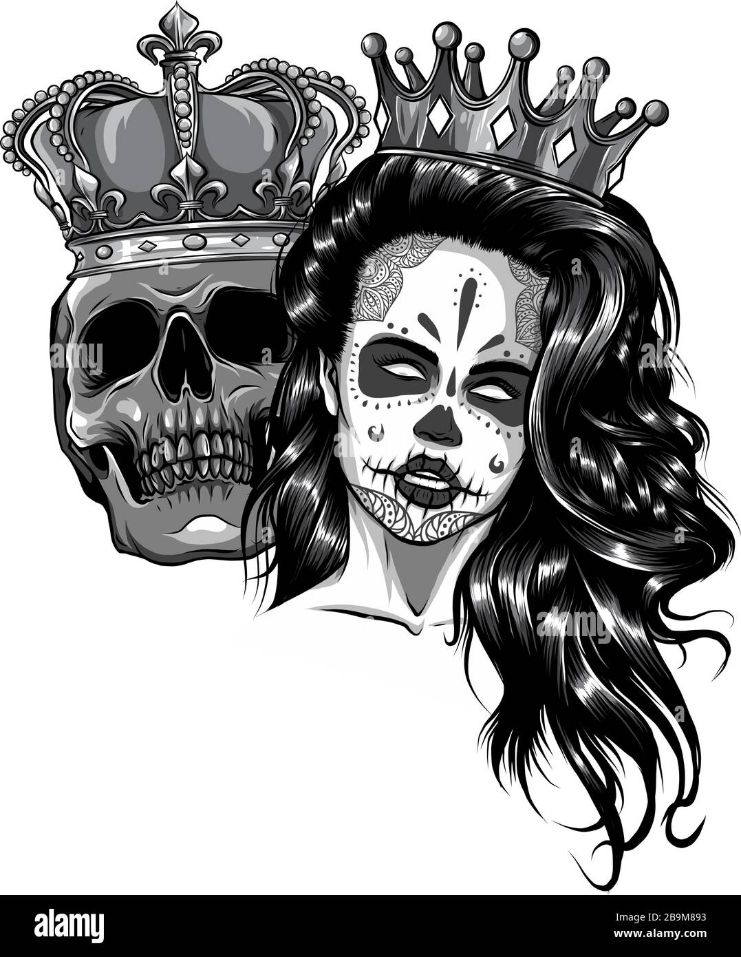 monochromatic King and queen of death. Portrait of a skull with a crown. Stock Vector