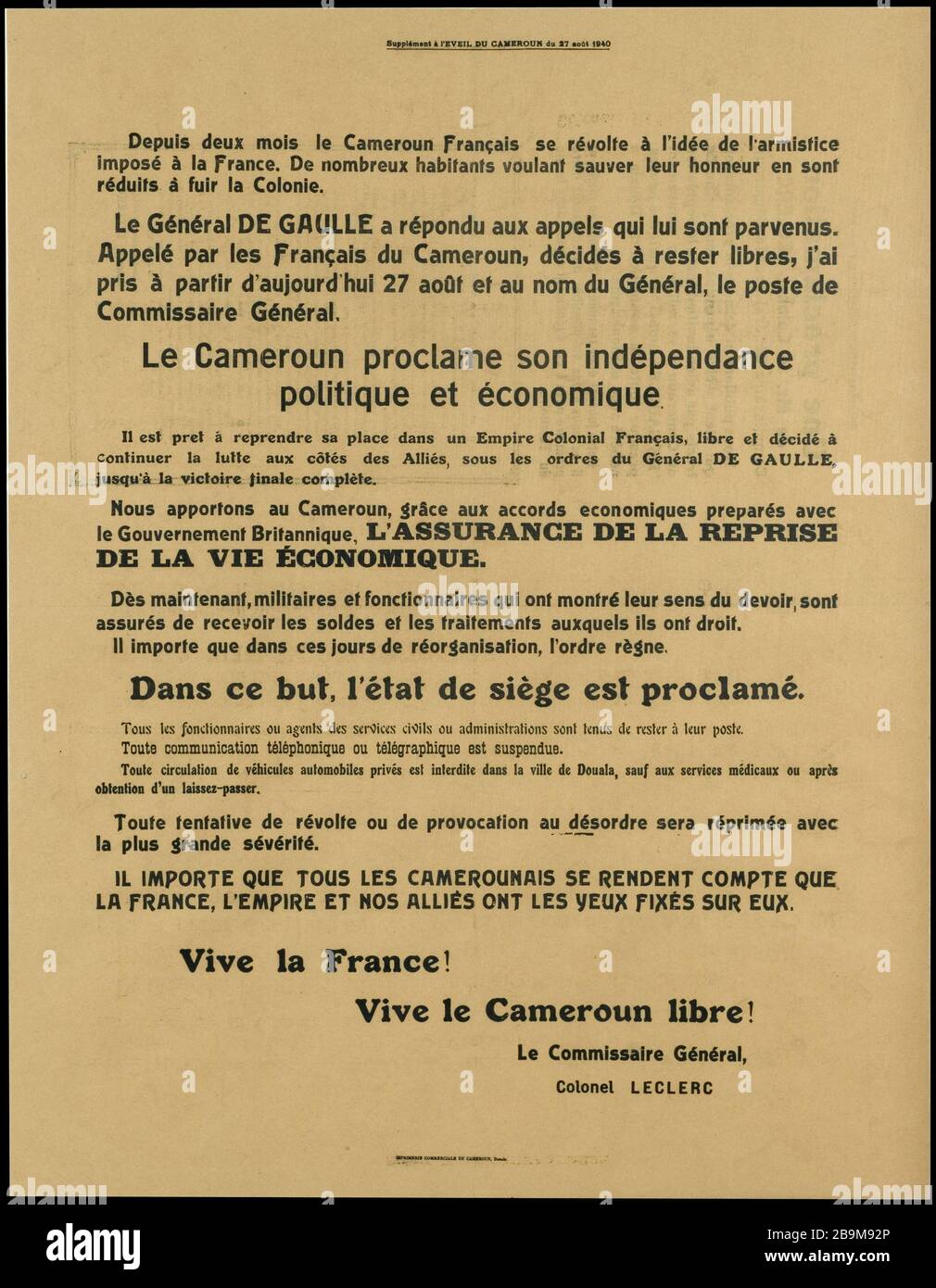 SUPPLEMENT TO THE AWAKENING OF CAMEROON 27 AOUT 1940 THE CAMEROON DECLARES INDEPENDENCE POLITICAL AND ECONOMIC Guerre 1939-1945. 'Le Cameroun proclame son indépendance politique et économique. Depuis deux mois, le Cameroun français se révolte à l'idée de l'armistice imposé à la France...'. Supplément à l'Eveil du Cameroun du 27 août 1940. Musée du Général Leclerc de Hauteclocque et de la Libération de Paris, musée Jean Moulin. Stock Photo