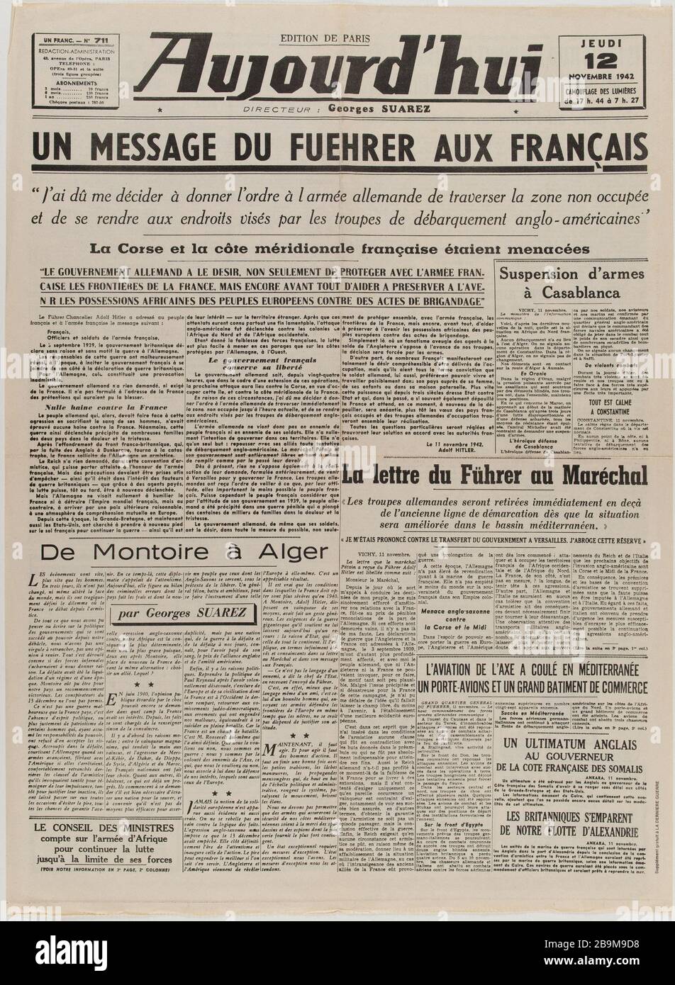 Newspaper 'Today' of November 12, 1942 Journal 'Aujourd'hui' du 12 novembre 1942. Papier imprimé, 1942. Musée du Général Leclerc de Hauteclocque et de la Libération de Paris, musée Jean Moulin. Stock Photo