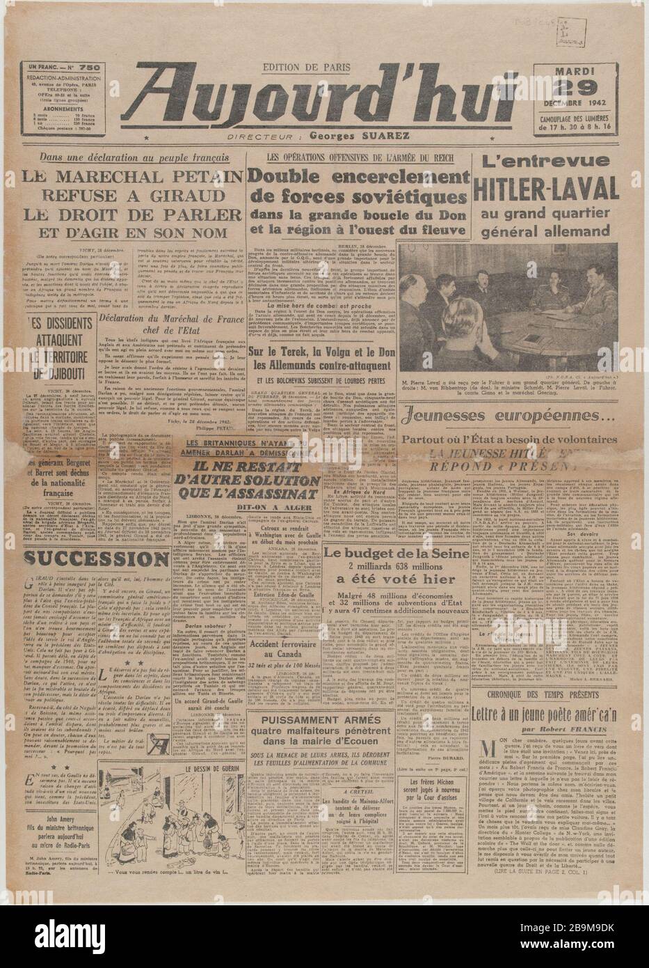 Newspaper 'Today' of December 29, 1942 Journal 'Aujourd'hui' du 29 décembre 1942. Papier imprimé, 1942. Musée du Général Leclerc de Hauteclocque et de la Libération de Paris, musée Jean Moulin. Stock Photo