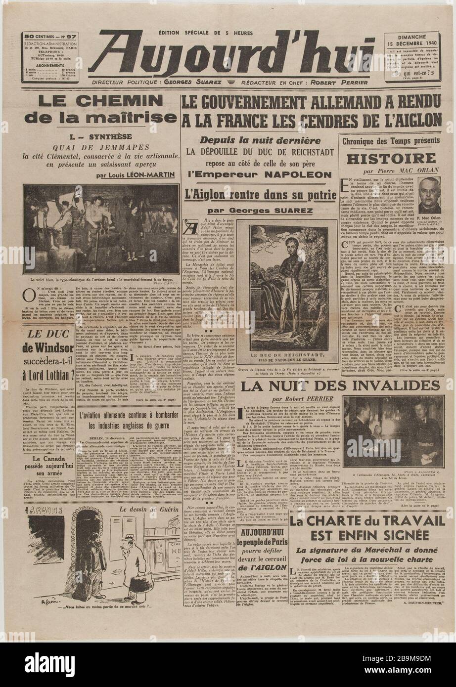 Newspaper 'Today' of December 15, 1940 Journal 'Aujourd'hui' du 15 décembre 1940. Papier imprimé, 1940. Musée du Général Leclerc de Hauteclocque et de la Libération de Paris, musée Jean Moulin. Stock Photo