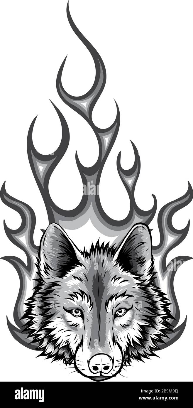 monochromatic Wolf Flaming Fire Logo Vector Mascot Design Stock Vector