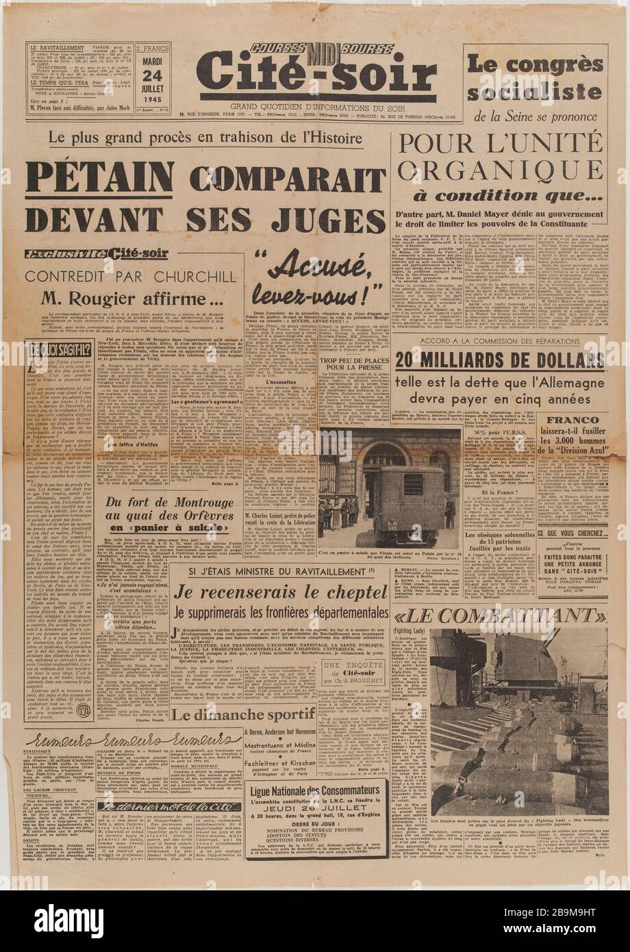 Journal 'City-Night' of July 24, 1945 Journal 'Cité-Soir' du 24 Juillet 1945. Papier imprimé, 1945. Musée du Général Leclerc de Hauteclocque et de la Libération de Paris, musée Jean Moulin. Stock Photo