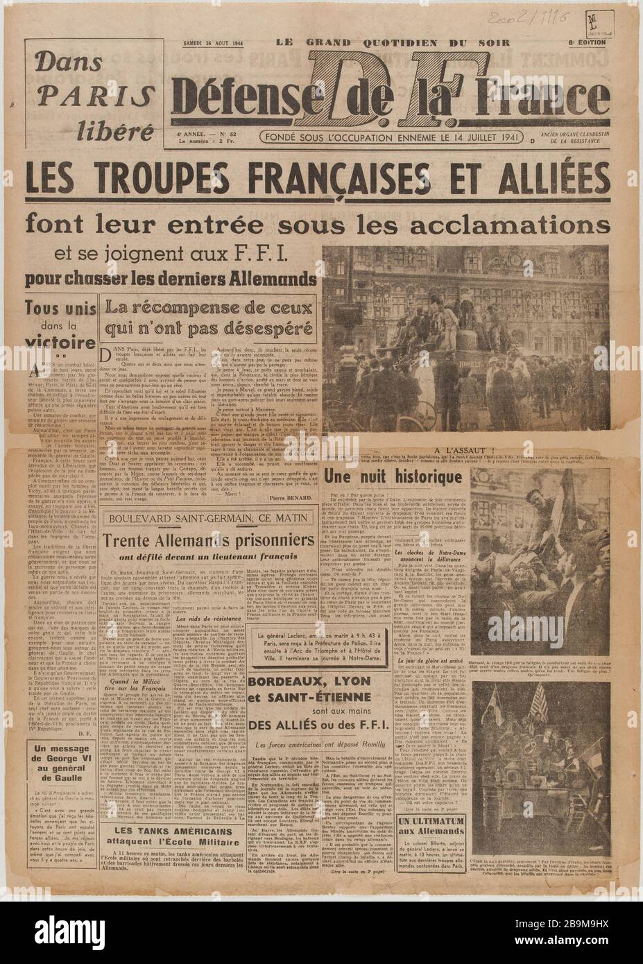 Journal "Defense of France" of August 26, 1944 Journal "Défense de la  France" du 26 août