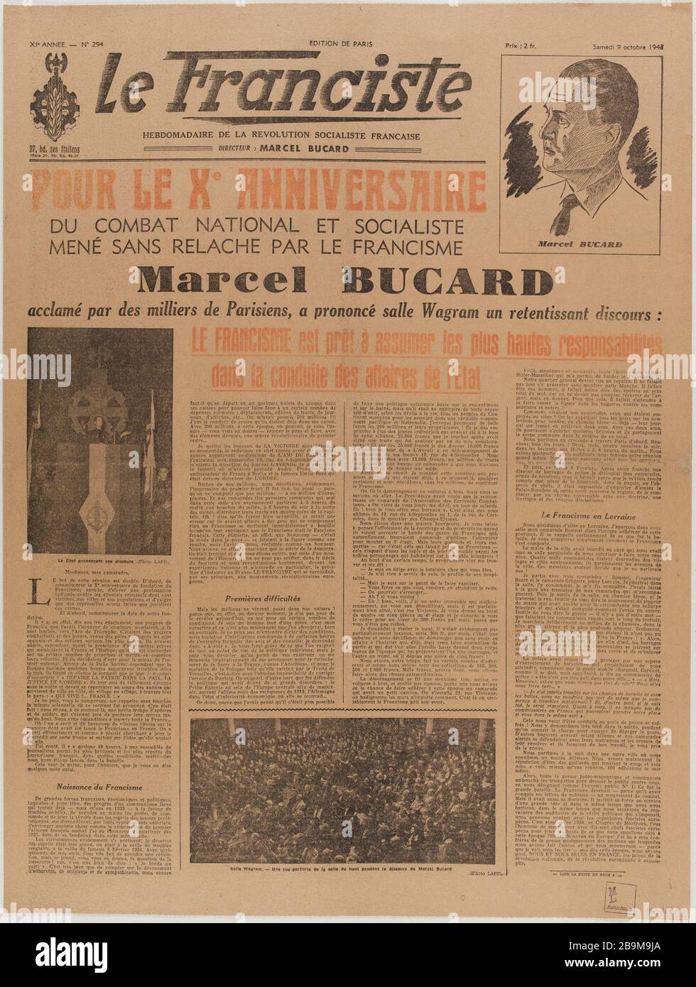 Newspaper 'The Franciste' of October 9, 1943 Journal 'Le Franciste' du 9 octobre 1943. Papier imprimé, 1943. Musée du Général Leclerc de Hauteclocque et de la Libération de Paris, musée Jean Moulin. Stock Photo
