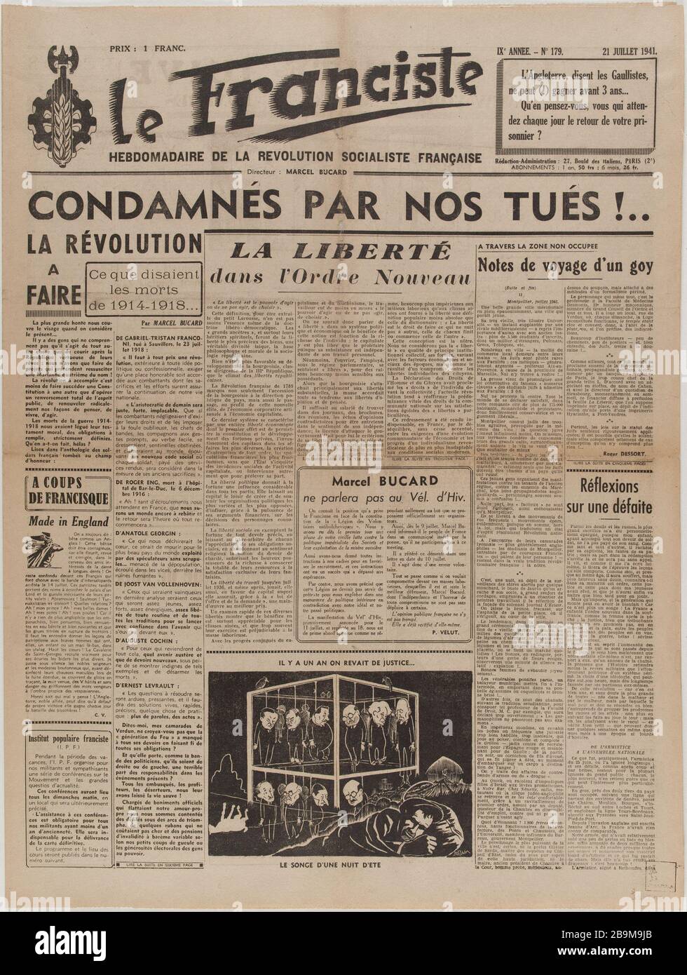 Newspaper 'The Franciste' of July 21, 1941 Journal 'Le Franciste' du 21 juillet 1941. Papier imprimé, 1941. Musée du Général Leclerc de Hauteclocque et de la Libération de Paris, musée Jean Moulin. Stock Photo