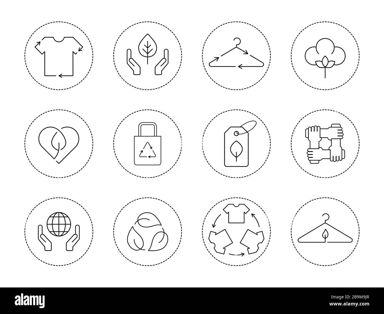 Sustainable textile industry icon set. Eco friendly, recycle clothing, fair trade, natural materials, slow fashion. Ethical fashion linear icons Stock Vector