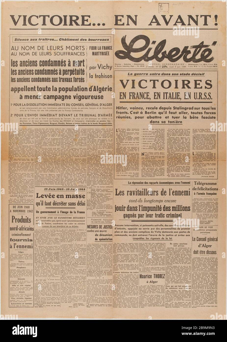 Newspaper 'Freedom' from June 8, 1944 Journal 'Liberté' du 8 juin 1944. Papier imprimé, 1944. Musée du Général Leclerc de Hauteclocque et de la Libération de Paris, musée Jean Moulin. Stock Photo